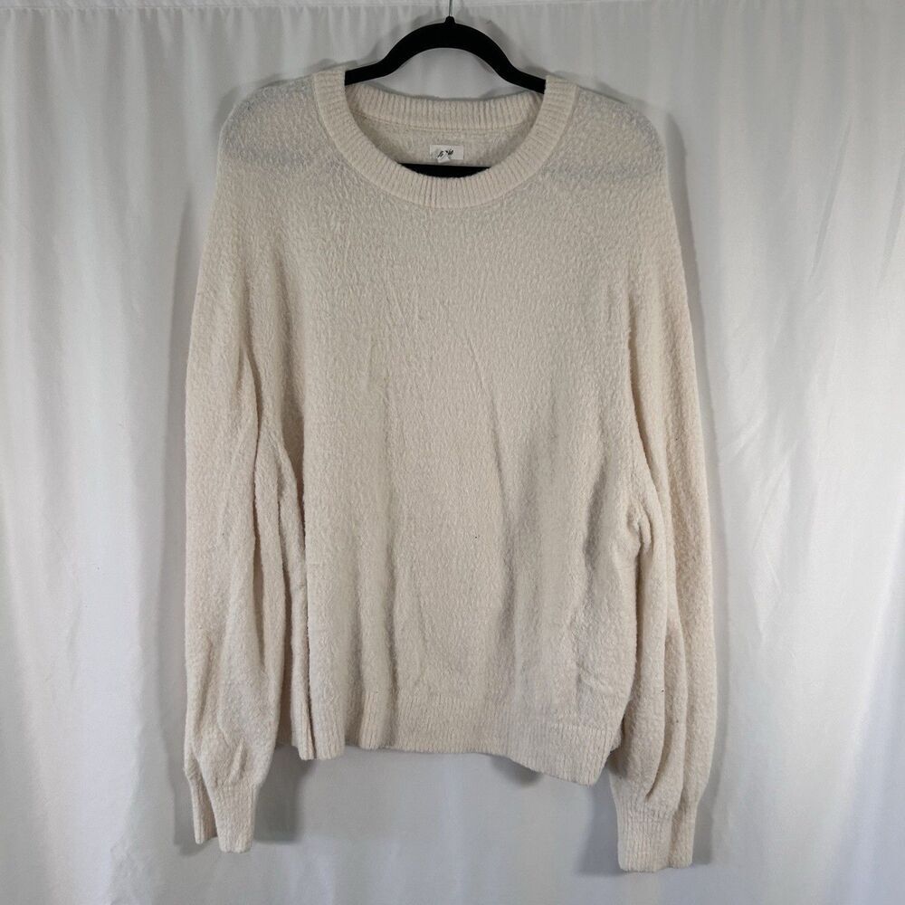 Aerie Sweater Womens Medium Off White Plush Nylon Long Sleeve Crew Neck Pullover